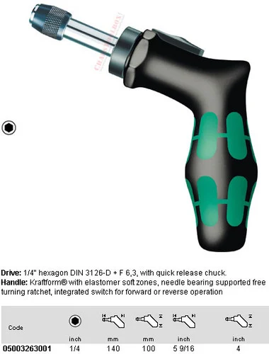 05003263001 WERA 98/4/1 KRAFTFORM HANDY RATCHET 1/4" HEX