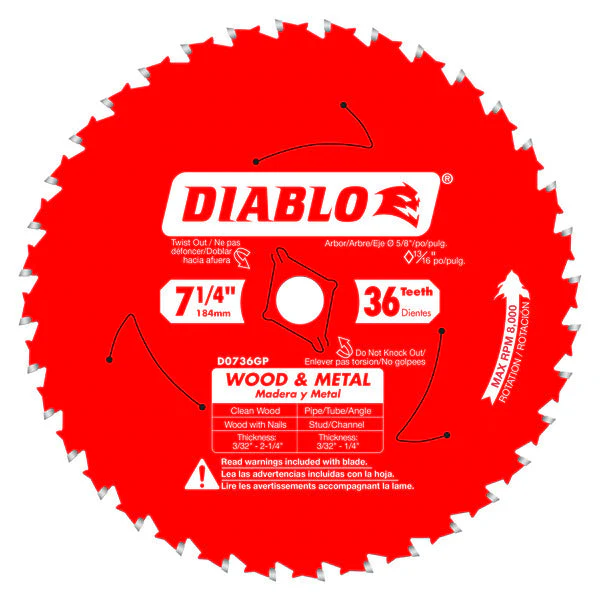 Diablo D0736GPX 7-1/4" x 36 Tooth Wood & Metal Carbide Saw Blade