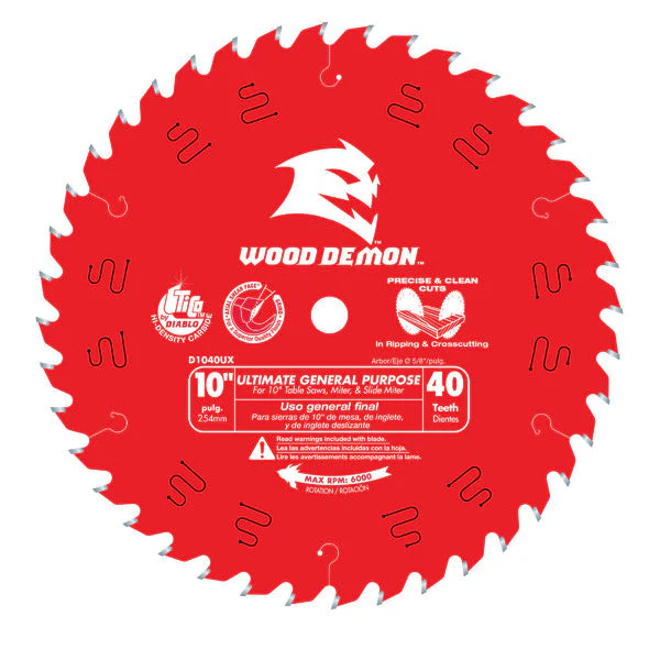 Diablo D1040UX 10" x 40-Teeth Wood Demon™ Ultimate General Purpose Carbide Saw Blade for Wood