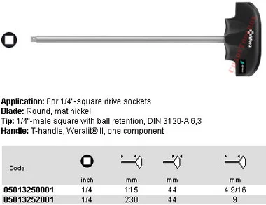 05013250001 WERA 410 T-HANDLE 1/4" SQ. DRIVER, 115MM