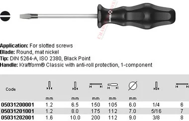 WERA 05031202001 1734 1.6 X 10.0 X 200 MM S/DRIVER FOR SLOTTED SCREWS
