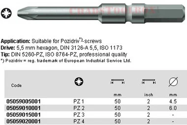 05059020001 WERA 855/3Z POZI BIT PZ4 X 50MM, 5.5MM DRIVE