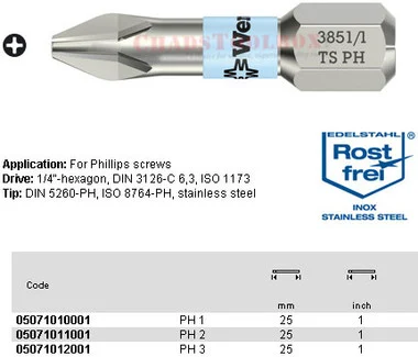 071010_12__03881.1418936718.380.500.webp WERA 05071011001 3851/1 TS PH 2 X 25 MM BITS FOR PHILLIPS SCREWS