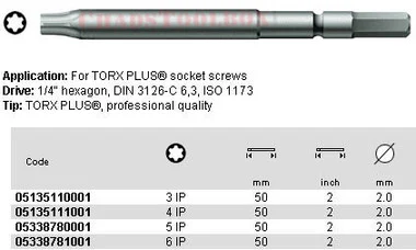05338781001 WERA 867/00 TORX PLUS BIT IP6 X 50MM, 3MM DRIVE