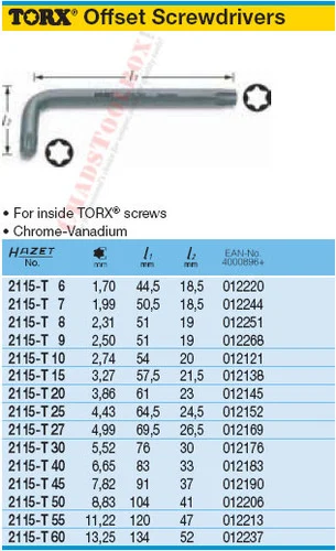 HAZET 2115-T7 TORX OFFSET SCREWDRIVERS