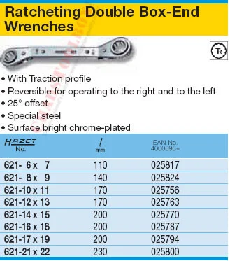 HAZET 621-8X9 RATCHETING BOX WRENCH