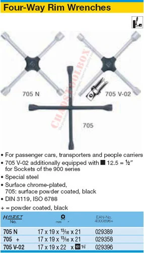 HAZET 705 FOUR-WAY RIM WRENCH FOR PASSENGER CARS