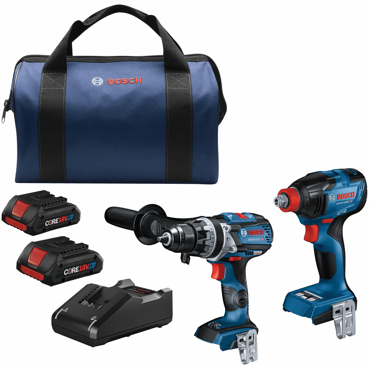 BOSCH GXL18V-227B25 18V 2-Tool Combo Kit with Connected-Ready Two-In-One 1/4 In. Bit/Socket Impact Driver/Wrench, 1/2 In. Hammer Drill/Driver and (2) CORE18V 4 Ah Advanced Power Batteries