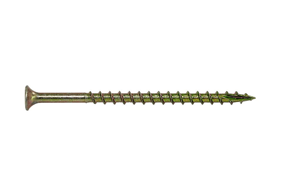 CS8300YEPSPEC_1_1200x800.webp Muro #8 x 3" Twinfast Coarse Thread Screw, Bugle Head, #2 Square Drive, Type 17 Screw Tip, Yellow Zinc, Standard Patio Spec - 900 Pcs