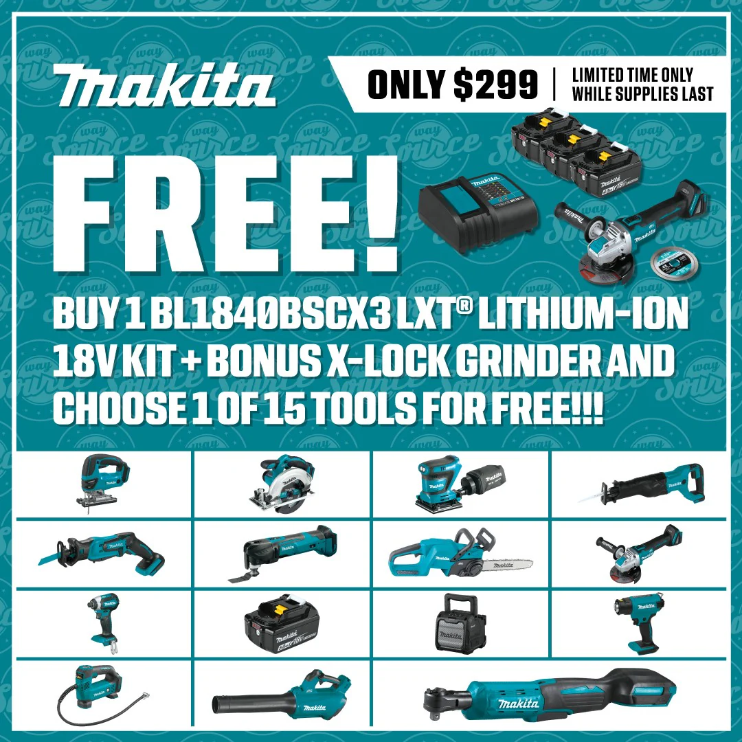Makita_BL1840BSCX3_1200x1200-1.webp Makita BL1840BSCX3 18V LXT Lithium-Ion Battery and Charger Starter Pack, 3ea. BL1840B, DC18SD, XAG25Z, E-07406 (4.0Ah) + Free Item