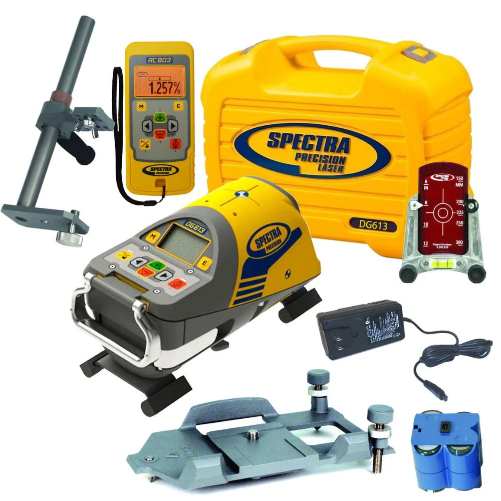 Spectra DG613-6 Dialgrade Pipe Laser with Large Pipe Centering Plate (Metric), Vertical Pole, Remote Control, Target and Rechargeable Batteries