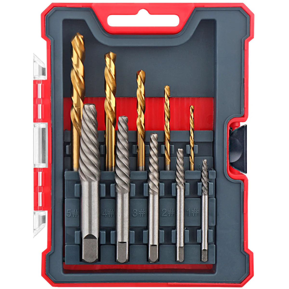 Set di 10 estrattori per viti danneggiate al Cr-Mo e punte da trapano HSS per dimensioni da 1#-9mm a 5#-13mm con filettatura grossa