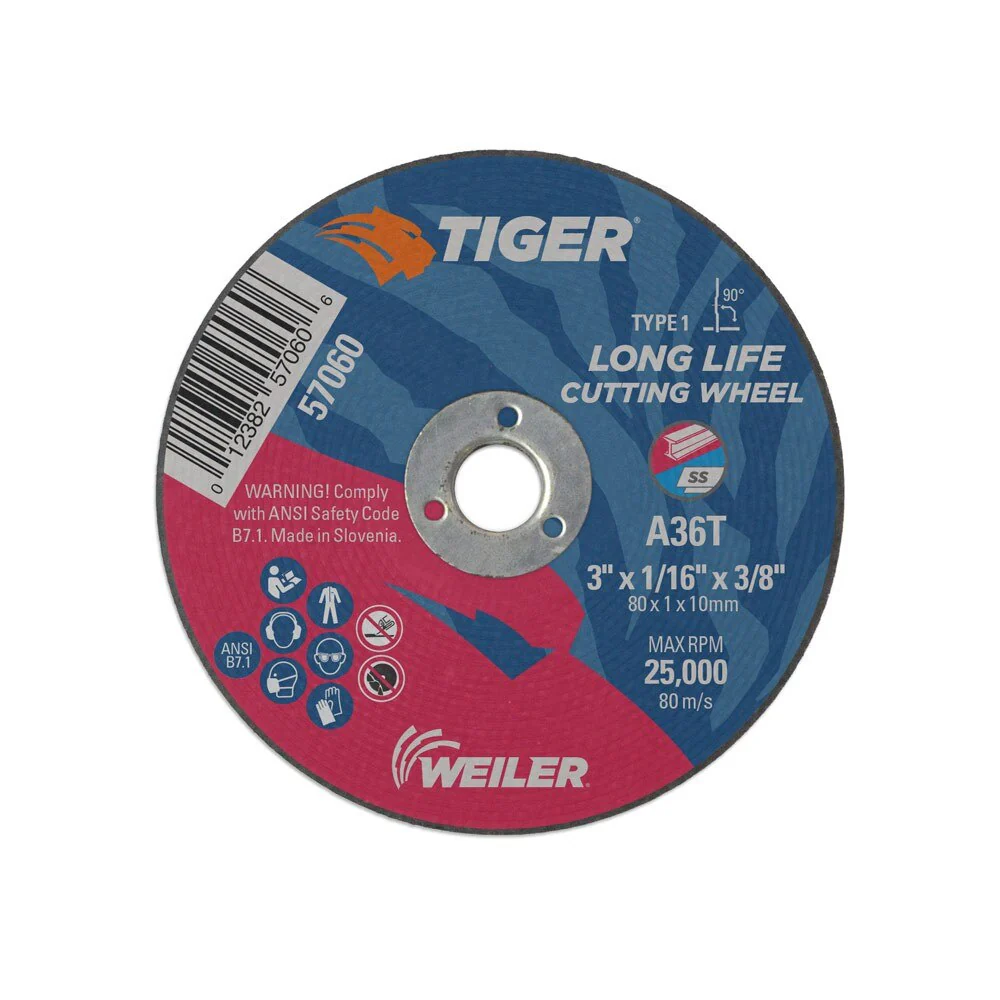 Weiler 57060 3" x 1/16" TigerType 1 Cutting Wheel, A36T, 3/8" A.H.