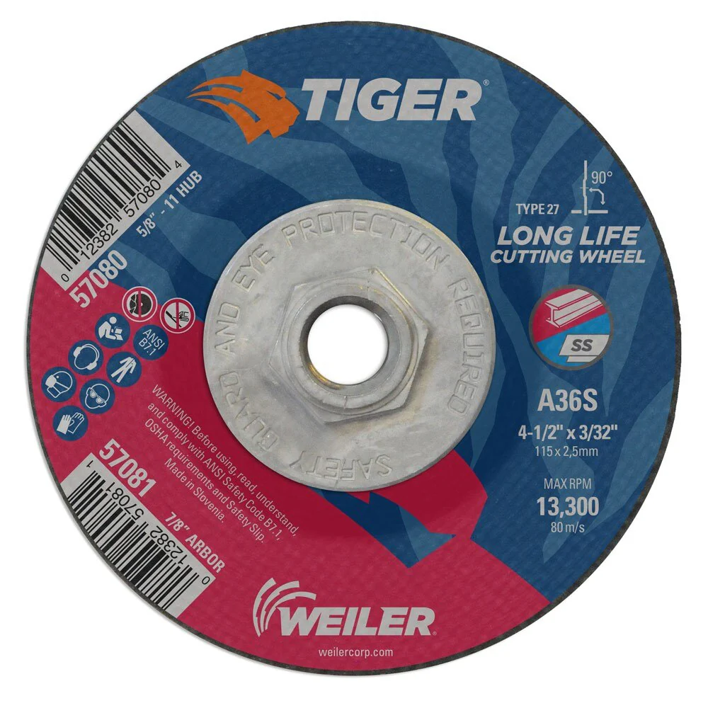 Weiler 57080 4-1/2" x 3/32" TigerType 27 Cutting Wheel, A60T, 5/8"-11 UNC Nut