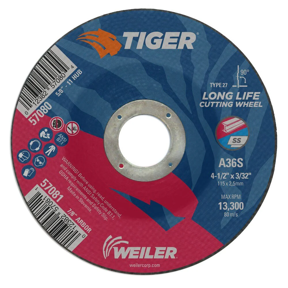 Weiler 57081 4-1/2" x 3/32" TigerType 27 Cutting Wheel, A60T, 7/8" A.H.