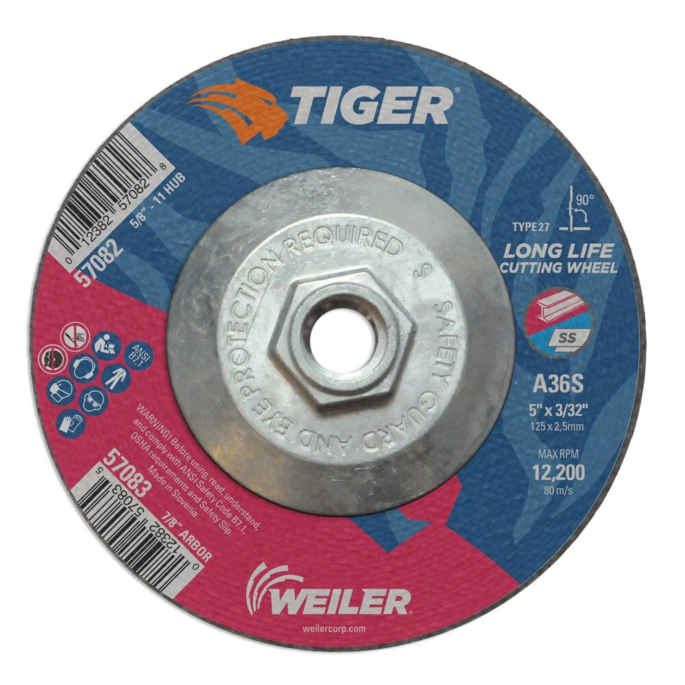 Weiler 57082 5" x 3/32" TigerType 27 Cutting Wheel, A60T, 5/8"-11 UNC Nut