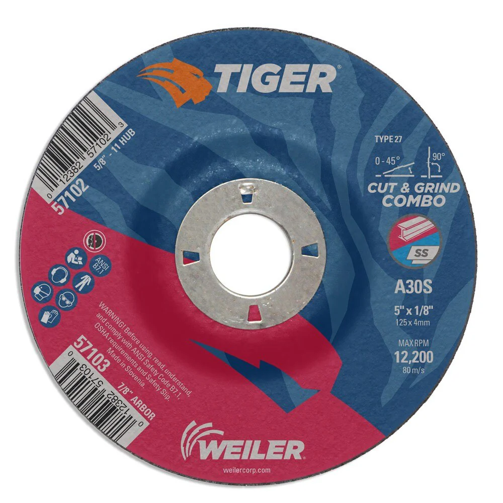 Weiler 57103 5" x 1/8" TigerType 27 Cut & Grind Combo Wheel, A30S, 7/8" A.H.