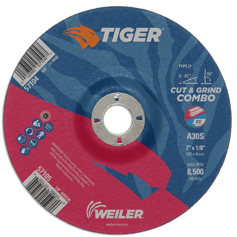 Weiler 57105 7" x 1/8" TigerType 27 Cut & Grind Combo Wheel, A30S, 7/8" A.H.