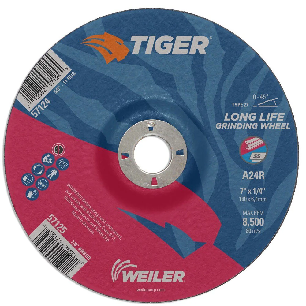 Weiler 57125 7" x 1/4" TigerType 27 Grinding Wheel, A24R, 7/8" A.H.