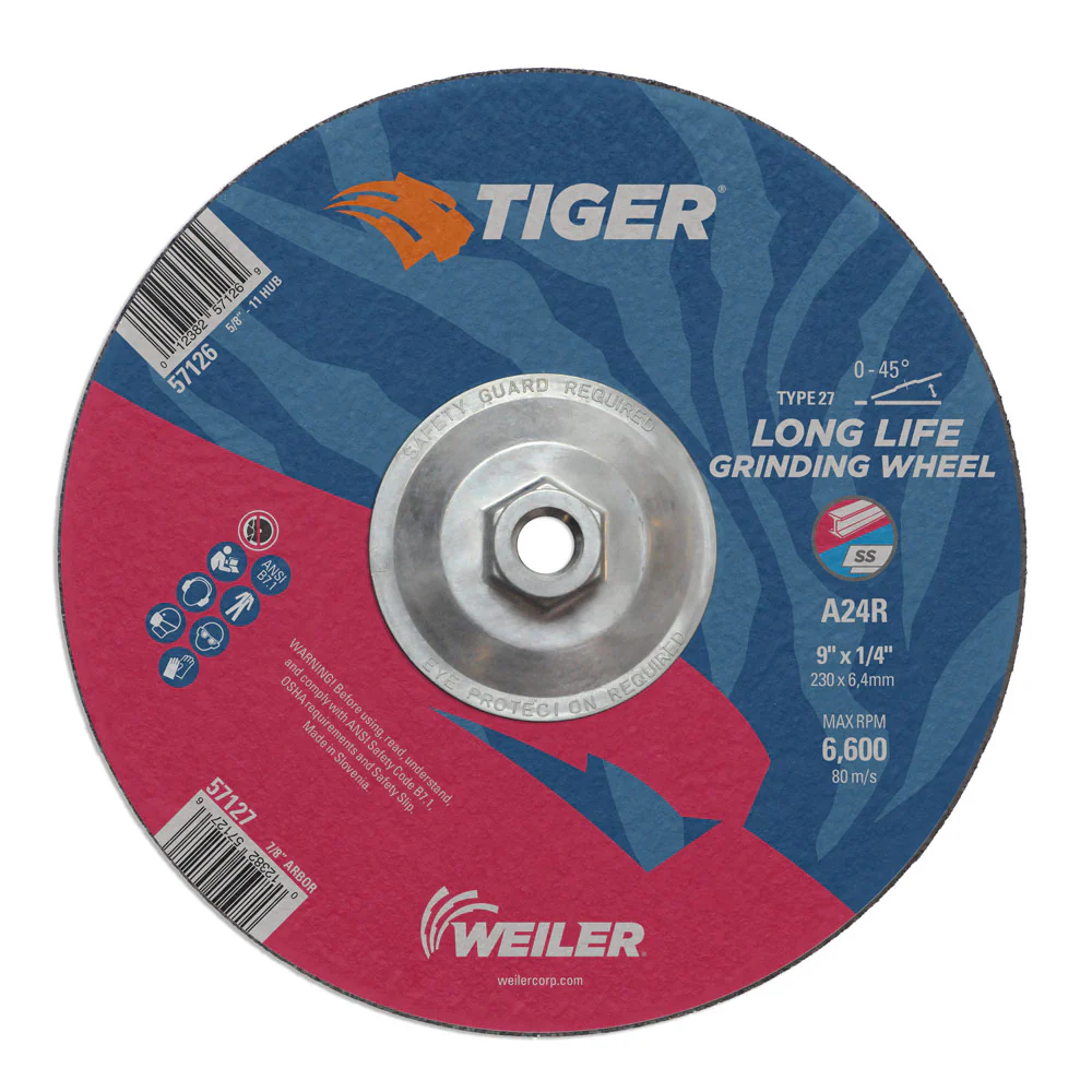 Weiler 57126 9" x 1/4" TigerType 27 Grinding Wheel, A24R, 5/8"-11 UNC Nut
