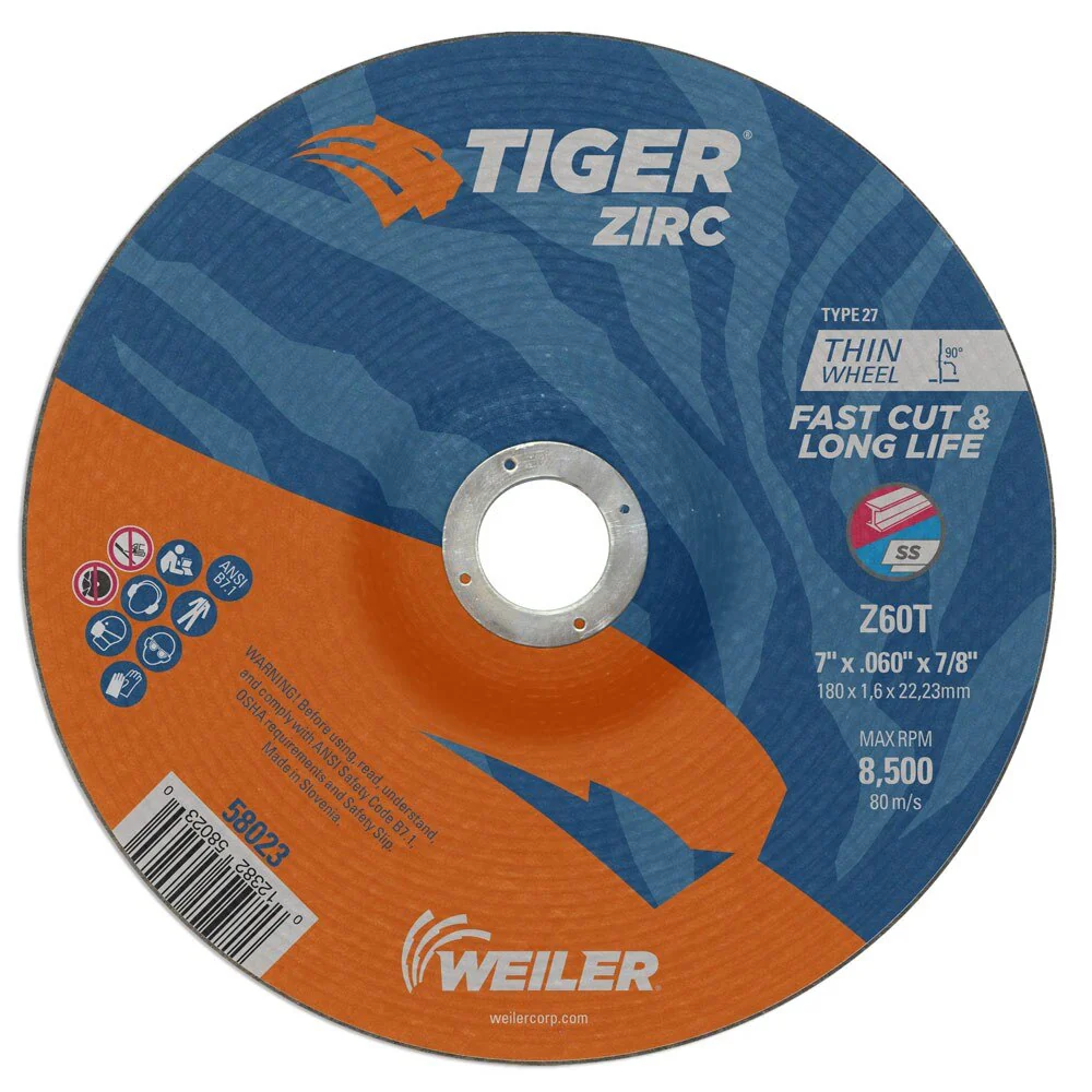 Weiler 58023 7" x .060" Tiger ZircType 27 Thin Cutting Wheel,Z60T, 7/8" A.H.