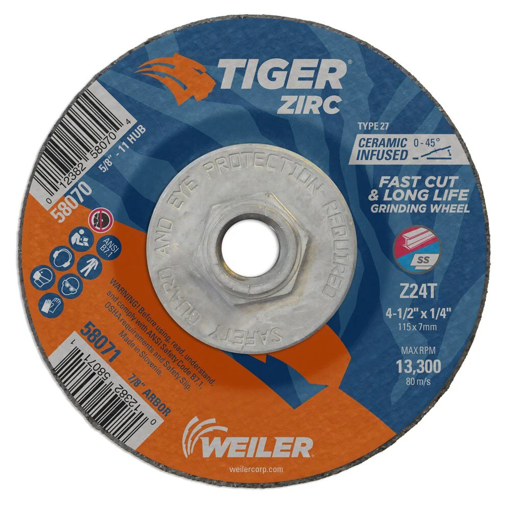 Weiler 58070 4-1/2" x 1/4" Tiger ZircType 27 Grinding Wheel, Z24T, 5/8"-11 UNC Nut