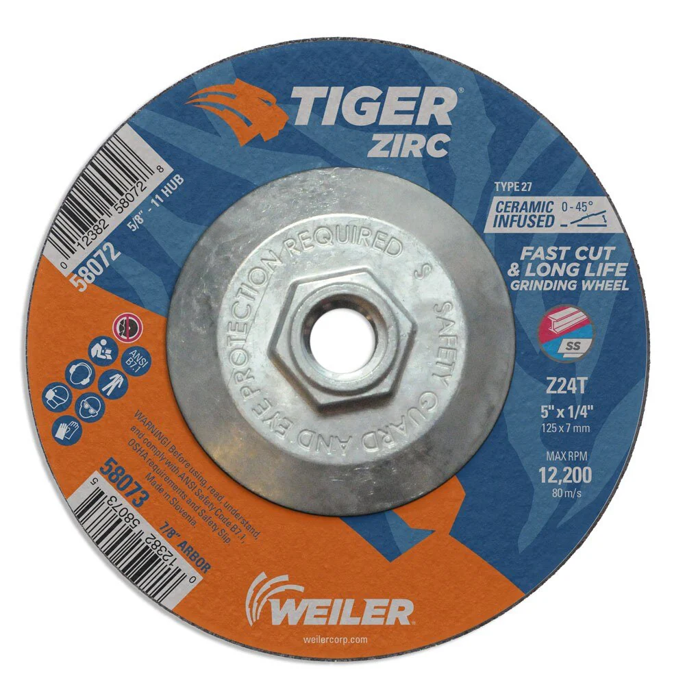 Weiler 58072 5" x 1/4" Tiger ZircType 27 Grinding Wheel, Z24T, 5/8"-11 UNC Nut