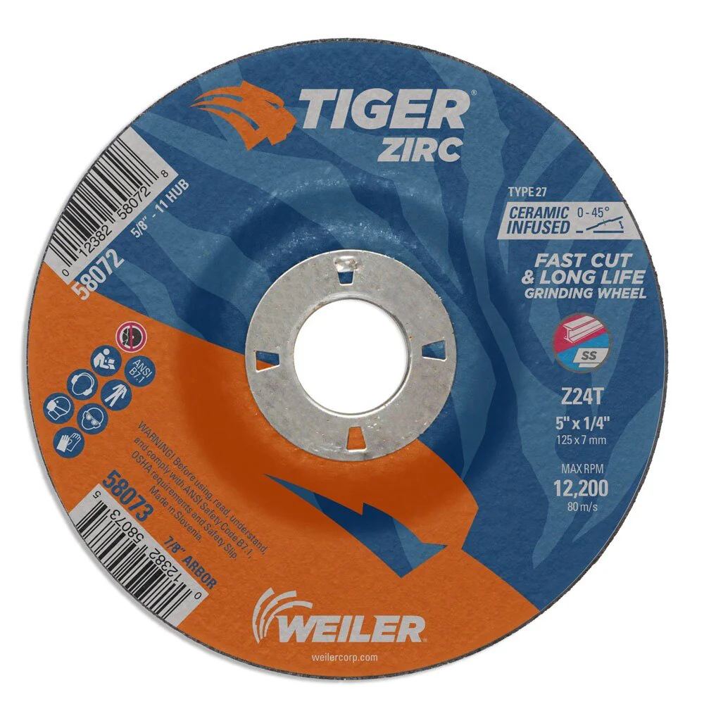 Weiler 58073 5" x 1/4" Tiger ZircType 27 Grinding Wheel, Z24T, 7/8" A.H.