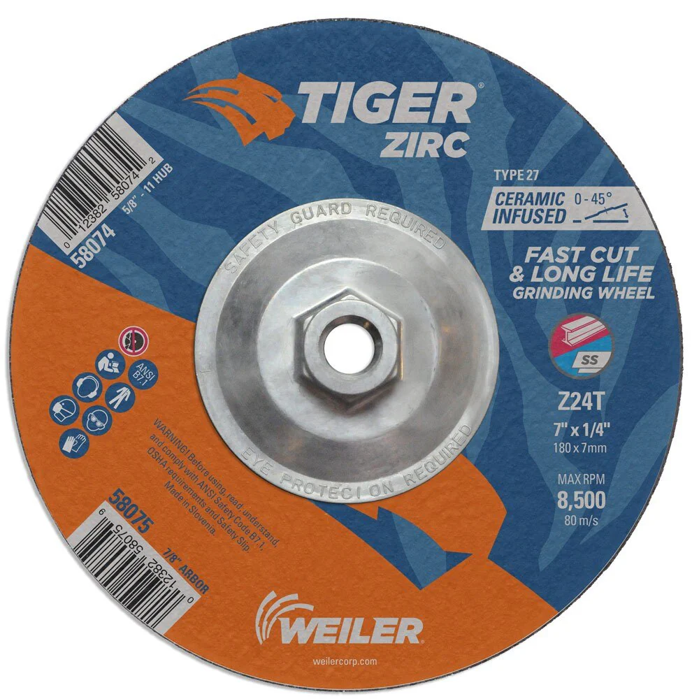 Weiler 58074 7" x 1/4" Tiger ZircType 27 Grinding Wheel, Z24T, 5/8"-11 UNC Nut