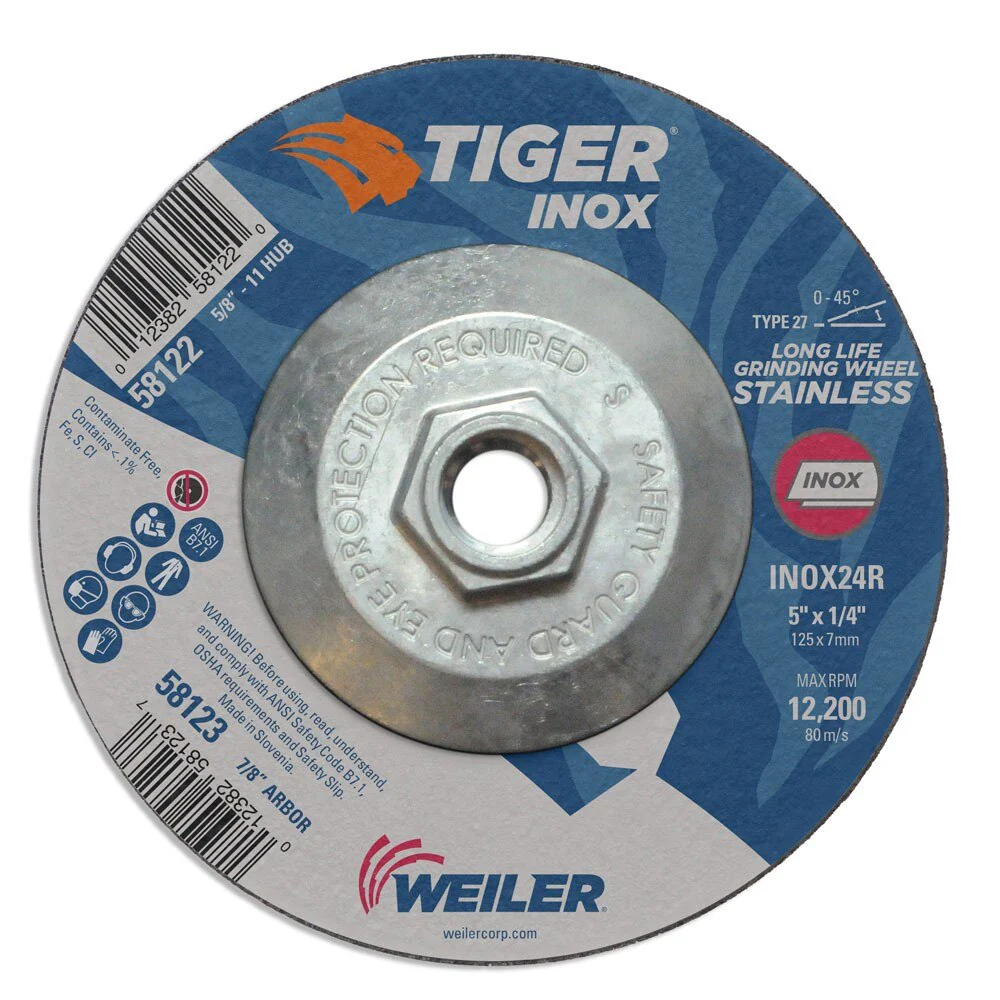 Weiler 58122 5" x 1/4" Tiger INOXType 27 Grinding Wheel, INOX24R, 5/8"-11 UNC Nut