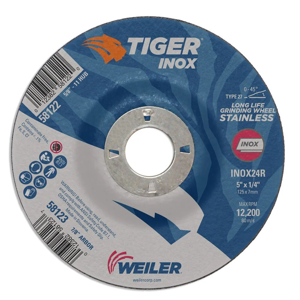 Weiler 58123 5" x 1/4" Tiger INOXType 27 Grinding Wheel, INOX24R, 7/8" A.H.