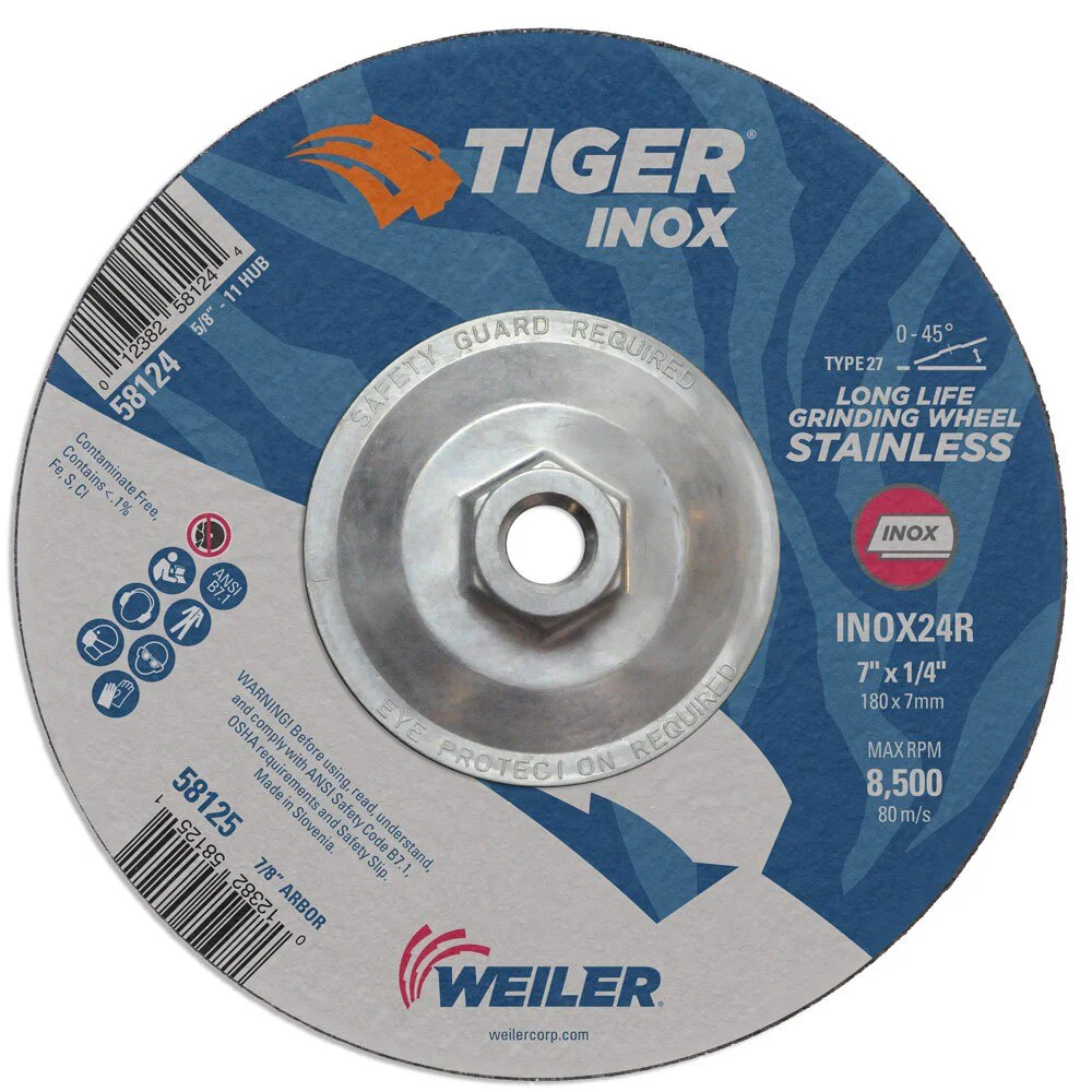 Weiler 58124 7" x 1/4" Tiger INOXType 27 Grinding Wheel, INOX24R, 5/8"-11 UNC Nut