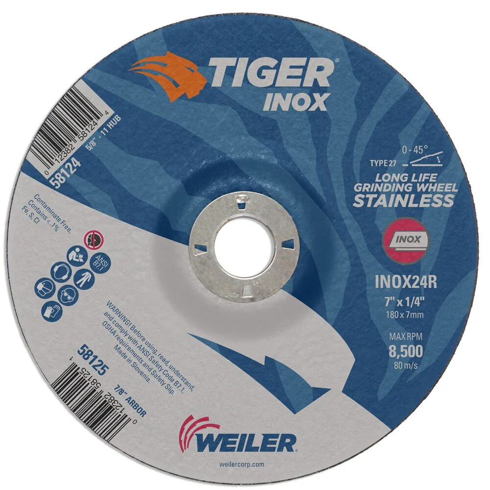 Weiler 58125 7" x 1/4" Tiger INOXType 27 Grinding Wheel, INOX24R, 7/8" A.H.
